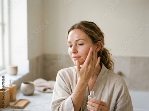 Young woman applying facial serum in a bright bathroom for daily skincare routine
