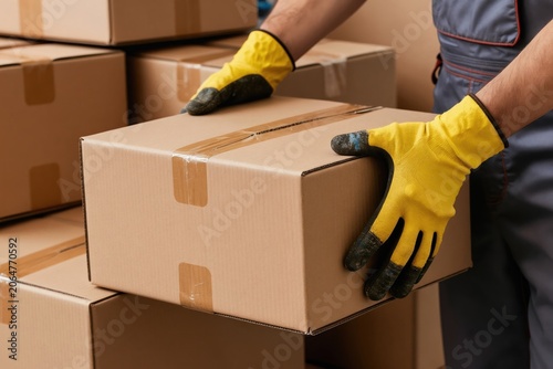 Hands in yellow gloves lift brown cardboard box. Stacks of packages fill warehouse space. Worker moves freight for shipping delivery or storage. Order fulfillment process.