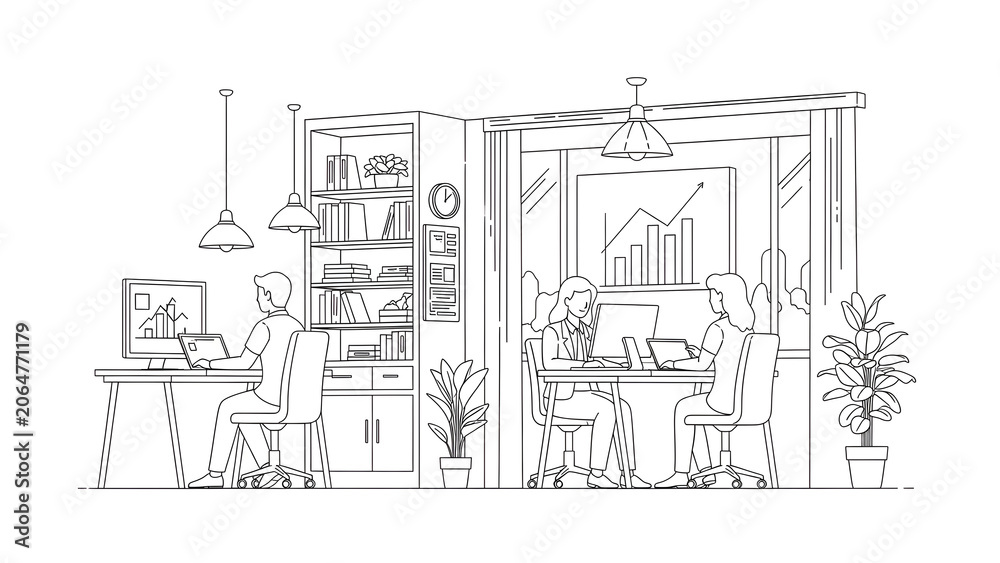 Naklejka premium Modern Office Workspace with Business People Working on Computers and Laptops Line Art Illustration
