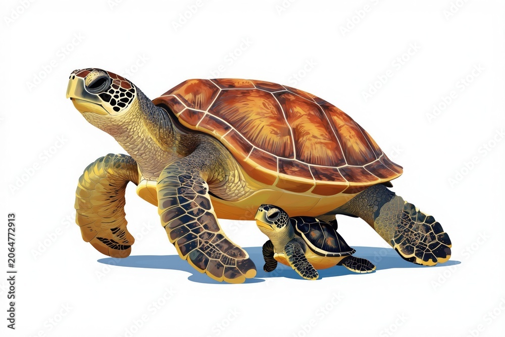 Obraz premium Adult sea turtle greets tiny hatchling on sandy shore. Warm sunlight illuminates reptile pair. Illustration shows family bond, ocean life, nature wonder. Generative AI artwork conveys calmness,