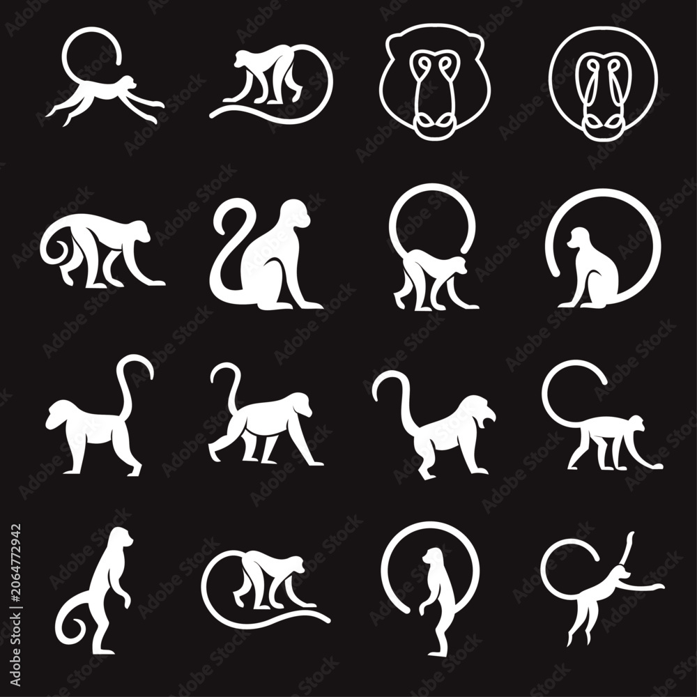 Fototapeta premium Monkey and Ape Animal Icons Set Vector Illustration. Collection of Minimalist Primate Silhouettes on Black Background.