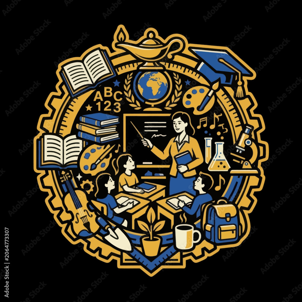 Obraz premium Educational Concept Illustration Featuring Teacher and Students in Classroom with School Symbols.