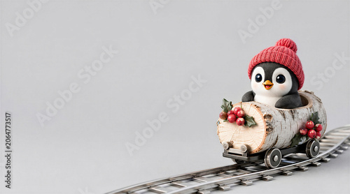 Cute Baby Penguin in Red Winter Hat Riding a Log Train on a Track Background