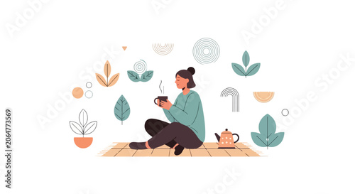 A peaceful woman sits cross-legged on a patterned rug, sipping a hot drink amidst a calming collection of abstract botanical and geometric elements.