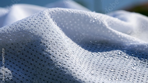 Water droplets on breathable mesh fabric. The fine texture reveals intricate patterns and light reflections. Ideal for showcasing fabric technology and waterproof material properties