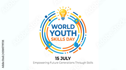 Circular emblem design for World Youth Skills Day with lightbulb icon.