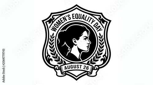 Circular badge with woman's profile and laurel wreath for Women's Equality Day.