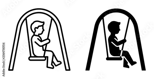 Foto Child on Swing Set Icons, Playtime Recreation, Outdoor Activity, Simple Line Art