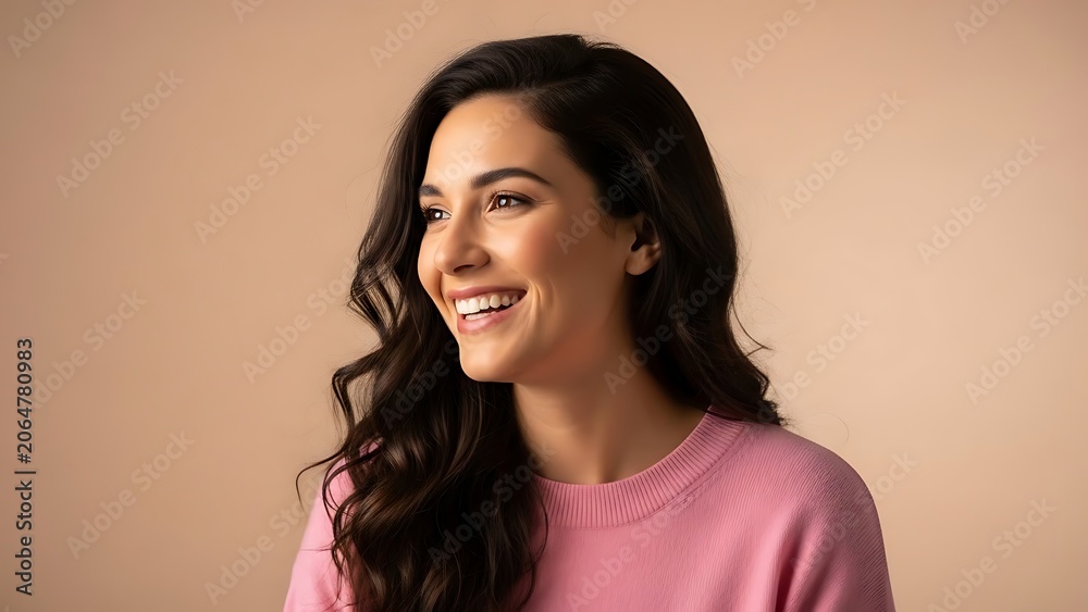 Fototapeta premium A smiling young woman with long dark hair looking away in soft studio light