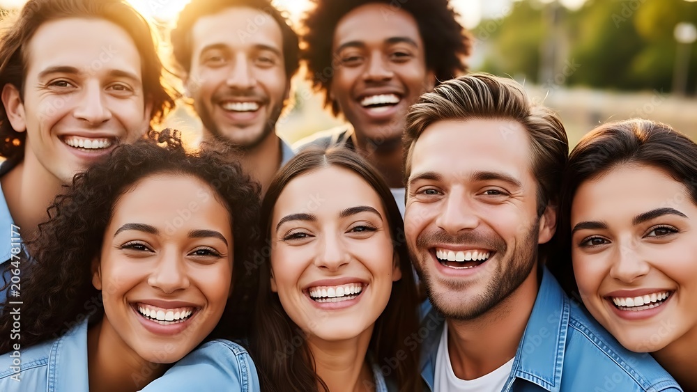 Obraz premium A joyful group of diverse young friends smiling together for a selfie photo