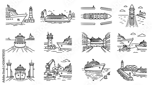 Tableau sur toile Cruise Ship Collection: Nautical Icons, Vector Line Art, Sea Travel and Port Sce
