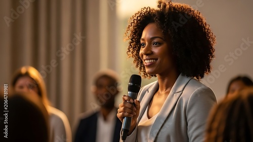 A confident woman speaking into a microphone at a professional conference