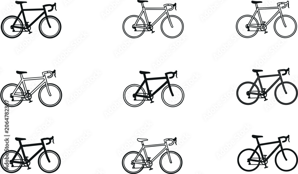 Obraz premium Road bicycle outline icon collection with different racing bike silhouettes for cycling sport and transportation design