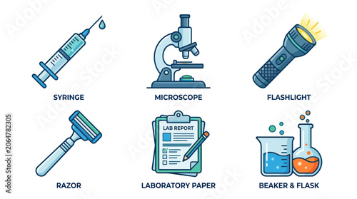 Принти на полотні Medical and Science Equipment Icons: Syringe, Microscope, Flashlight, Razor, Lab