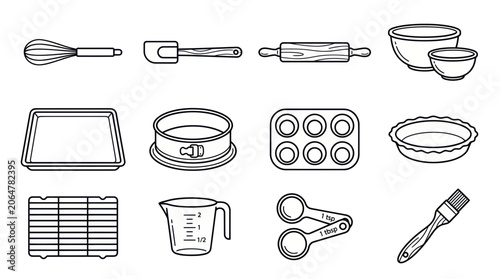 Tableau sur toile Baking Utensils Collection: Whisk, Rolling Pin, Bowls, Muffin Tin, Pie Dish, Mea