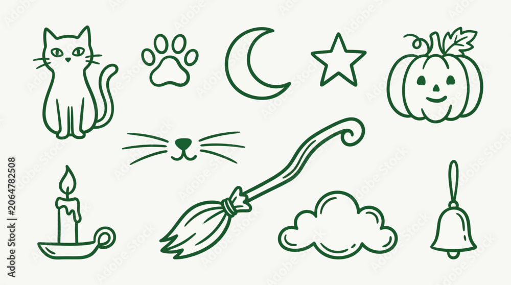 Obraz premium Collection of cute hand-drawn Halloween icons including a cat, pumpkin, broom, and moon.