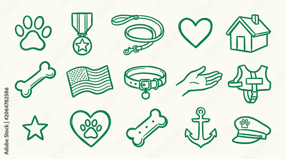 Fototapeta premium Collection of Line Art Icons Representing Dogs and Pet Care Elements.