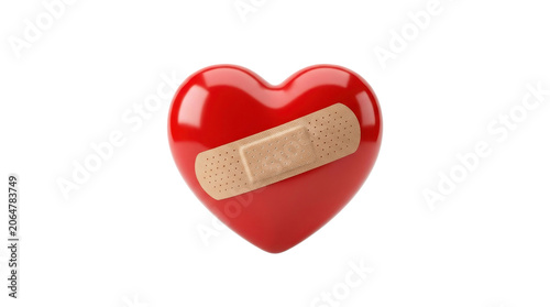 A red heart with a band aid on it against a white background
