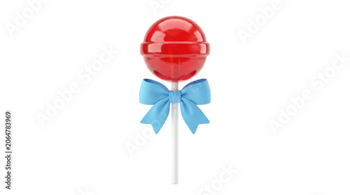 A shiny red lollipop with a blue bow on a white stick against a plain background