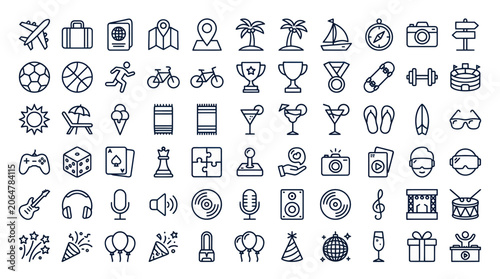Vector Icon Set: Travel, Sports, Leisure, Music, Games, Party & More