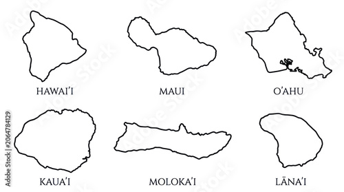 Hawaiian Islands Outline Maps: Hawaii, Maui, Oahu, Kauai, Molokai, Lanai