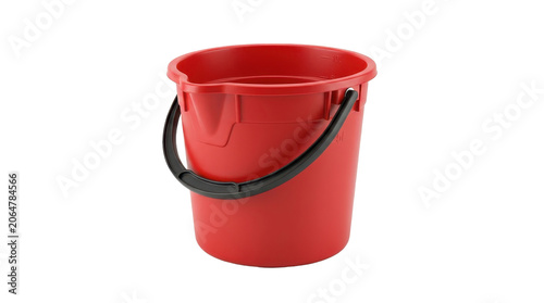A vibrant red plastic bucket with a black handle on a white background