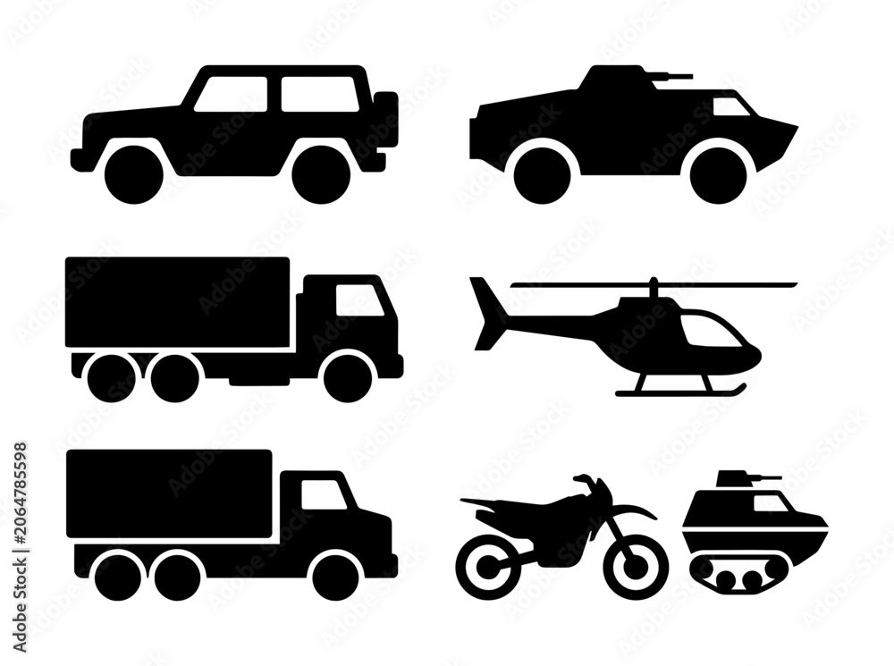 Obraz premium 6 Military and Civilian Vehicle Silhouettes, Flat, for Transportation Concepts