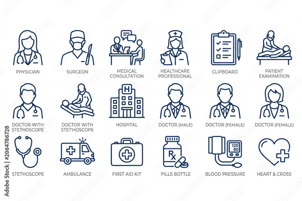 Fototapeta premium set Healthcare Staff and Hospital Line Icons Collection