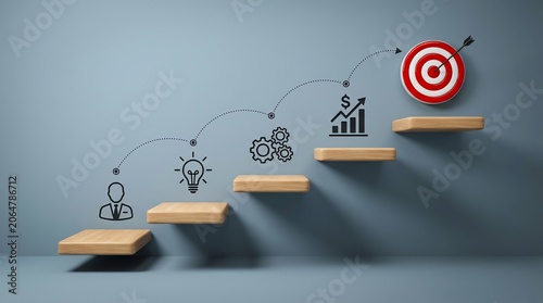 Strategic Business Growth Staircase Pathway from Idea Generation to Successful Goal Achievement and Development