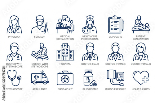 set Healthcare Staff and Hospital Line Icons Collection