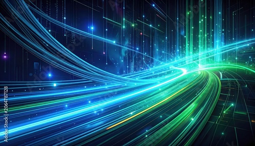 Abstract digital highway with flowing blue, green, and white lines against a dark background