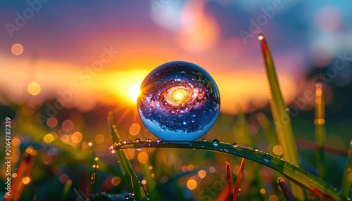 A crystal ball reflecting a galaxy, placed on grass, with sunrise in background