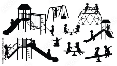Bild auf Leinwand Large collection of black silhouettes of children playing on various playground
