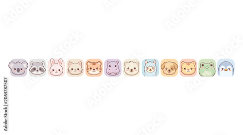 Collection of cute animal head icons in pastel colors for children's designs.