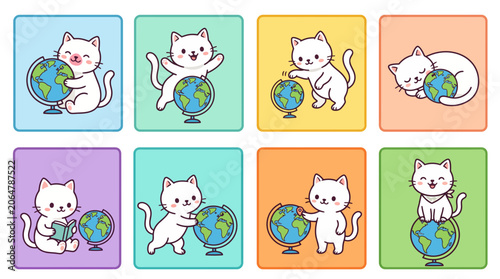Collection of cute cat and globe icons for International Cat Day themes.