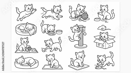 Collection of cute cartoon cat doodles and sketches in various playful poses.