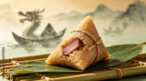 Chinese zongzi sticky rice dumpling, traditional festival food on ink wash background
