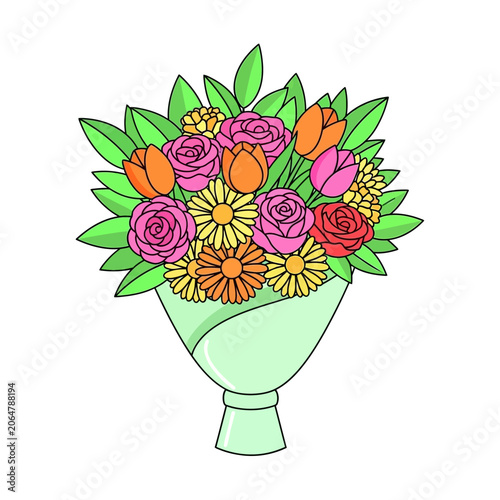 Vibrant Flower Bouquet - Roses, Tulips, Daisies Illustration