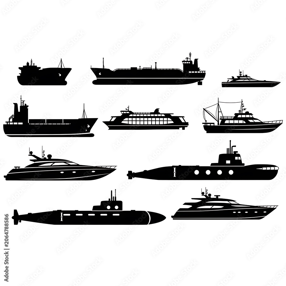 Obraz premium Black and white illustration of various ships and boats.