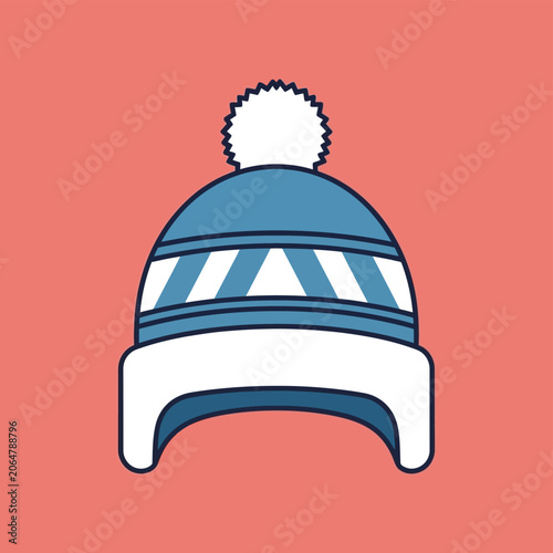 Winter Hat with Pom Pom, Blue and White Stripes, Flat Design