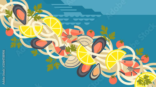 Photography Flat minimalist vector of Amalfi-inspired Italian seafood pasta with lemon slices and shellfish in a flowing composition, capturing Mediterranean cuisine, coastal dining, and gourmet culture