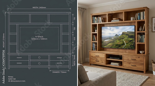 Wooden television entertainment center with detailed dimensions and a displayed television in a living room setting furniture wood oak unit