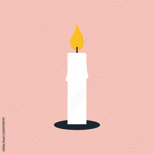 White Candle Burning with Flame on Pink Background