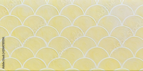 Pale Yellow White Scallop Pattern Half Circular Motifs Etched Concentric Ripple Texture Interlocking Scale Wallpaper Fabric