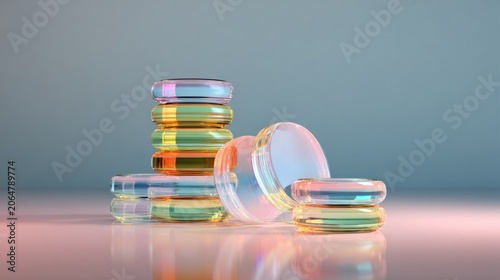 Translucent, iridescent, circular objects are stacked and scattered upon a reflective surface
