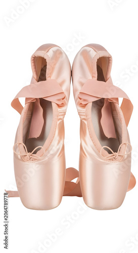 Pair of pink ballet pointe shoes with satin ribbons, dancewear and performer's essential transparent background