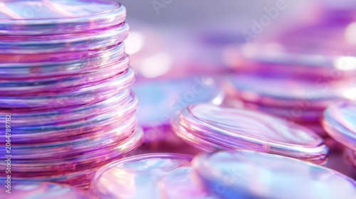 Iridescent, stacked, and scattered circular metallic objects display vibrant pink and blue reflections.