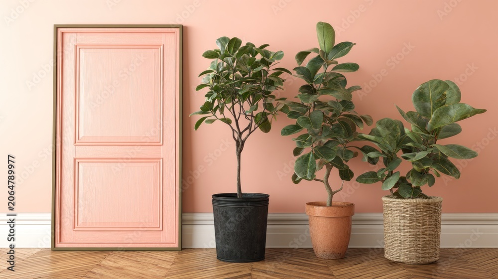 Fototapeta premium Three potted indoor foliage plants sit beside a tall framed decorative panel against a salmon colored wall.