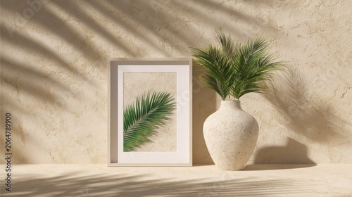 Framed botanical print and textured vase sit illuminated by dappled sunlight against a neutral stucco wall