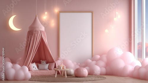 Beautifully decorated nursery space featuring soft pink decor and a whimsical cloud theme